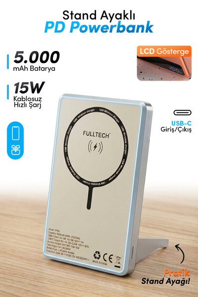 Fulltech FP49 5000 mAh MagSafe Uyumlu Kablosuz Powerbank Mavi 15W Hızlı Şarjl...