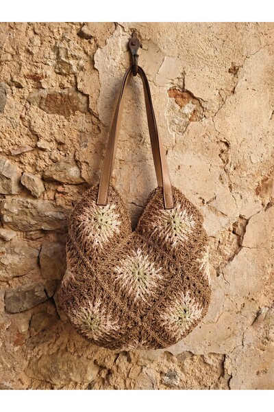 Meya design Women's Brown Beige Motif Snap Fastener Shoulder Bag - Internal C...