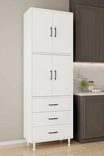 AEKA AE-3020 Irmak Beyaz 4 Kapaklı Çok Amaçlı Dolap 3 Çekmeceli Raflı Mutfak Kiler Banyo 195x63x35 Çok Amaçlı Dolap
