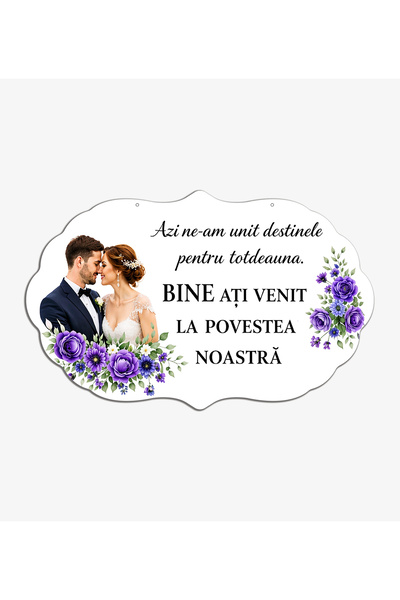 Bello Carino High quality decoration products Pancartă decorativă pentru nuntă „Bine ați venit la povestea noastră”, design floral mov și albastru, 64x40 cm
