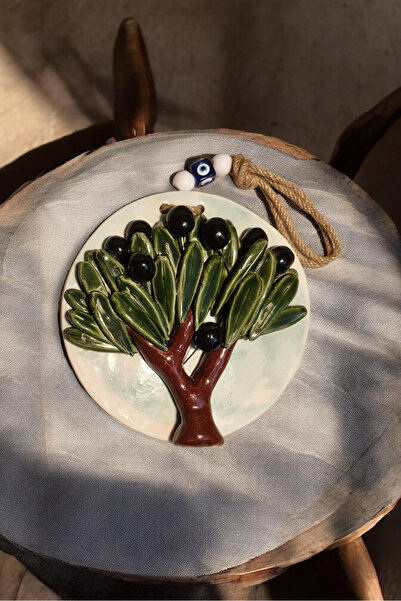 Revard Home Nazar Boncuklu Doğal Zeytin Ağaçlı Seramik El Yapımı Dekoratif Duvar Süsü Eşyası 19X19 CM