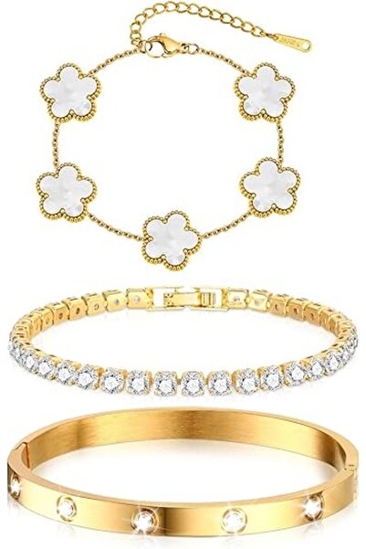 Tempo 3 Pcs Gold Bracelets for Women,18K Gold Color Plated Love Bangle Bracel...