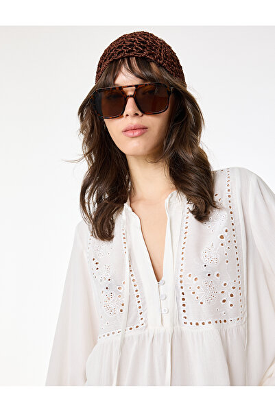 V-Neck Long Balloon Sleeve Tie Detailed Viscose Scallop Blouse