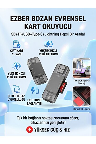 MATECHNO 4’ü1 Arada SD TF Kart Okuyucu USB Type-C Lightning Uyumlu Yüksek Hız...
