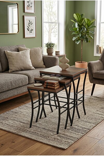 Sweet Home Masa Sandalye Eyfel Zigon Sehpa 3'lü Set, Metal Ayak, İç İçe Geçeb...
