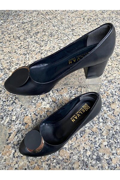 Aysun Ayakkabı Black Outer Material, Leather Buckle Accessories, Thick Heel W...