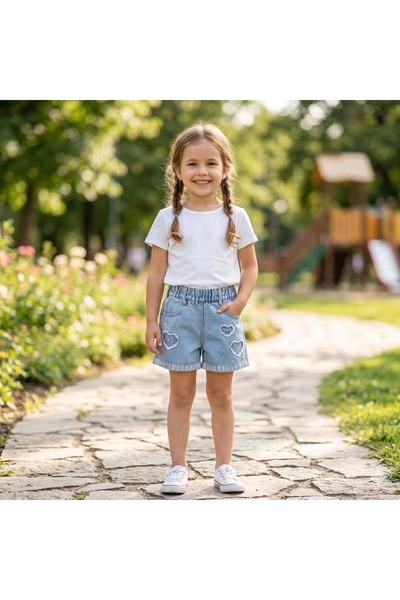 Erca Home Tekstil Ürünleri Summer Girls' Denim Shorts 3Y,4Y,5Y,6Y,7Y Blue