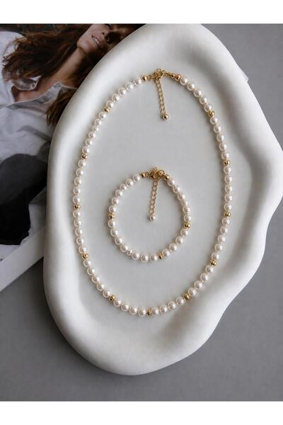 Ceso Accesories Gold Detaylı İnci Kolye & Bileklik Seti