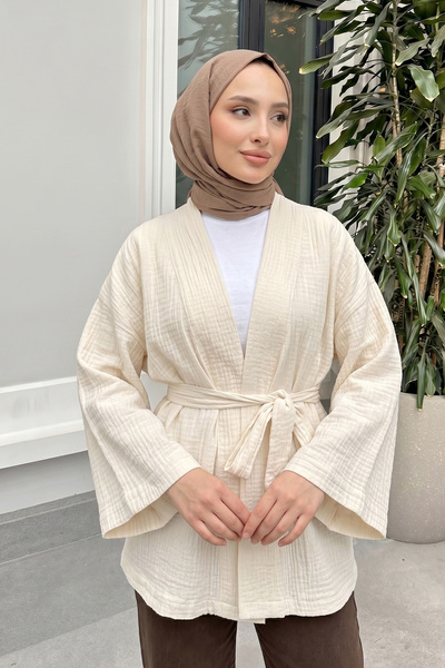Salih Çelebi Kuşak Detaylı Bürümcük Kimono 2377 - KREM