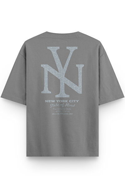 Overoz Women's / Men's Semi Oversize T-Shirt New York Back Printed Gray T-Shi...