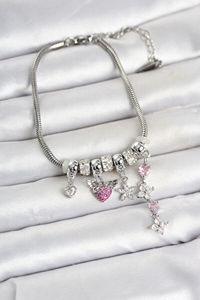 Clariss Brass Silver Color Heart and Flower Detailed Charm Women's Bracelet