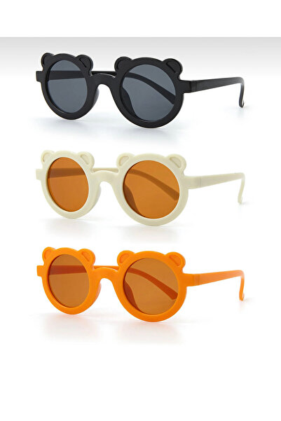 3-Piece Set Children's Sunglasses UV400 Protected Flexible Unbreakable Teddy Bear Design (Black-Cream-Orange) 3-8 Years