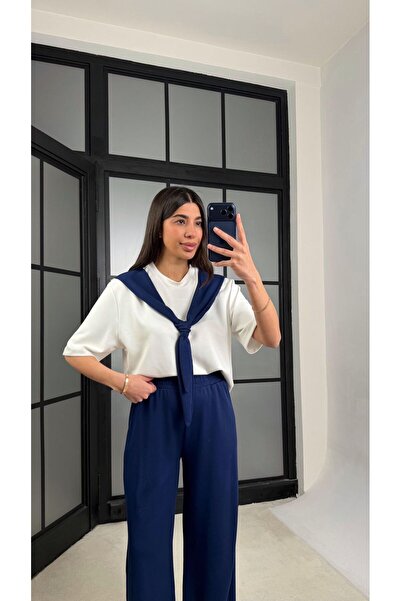 get crazy collection Kadın Şal Detaylı Basic T-Shirt Beli Lastikli Bol Pantolon Alt-Üst Modal Takım