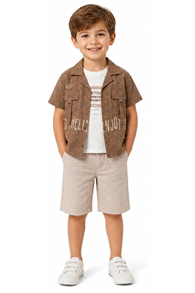 İrem Çocuk Giyim Boy's Linen Shirt, Shorts, T-Shirt with Pocket Model and Acc...