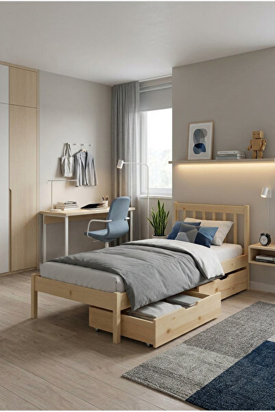 Loolpi Home Tera Plus Çekmeceli Masif Karyola Doğal Ahşap Yatak