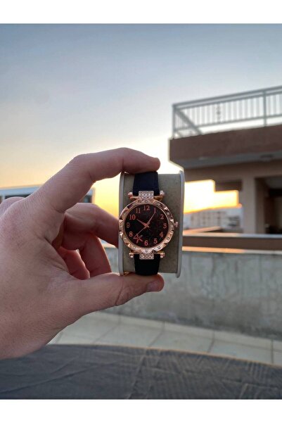 Geneva Kadın Rose Gold Kasa Siyah Kordon Taşlı Kol Saati