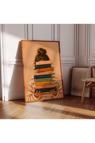 NinaStore Turuncu Duvar Sanatı - Kitap Okuyan Kadın Baskısı - Yumuşak Kız - R...