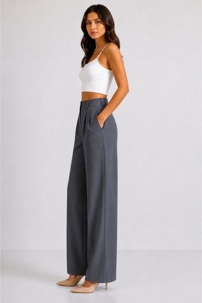 MODA GARDEN 35 Ar66 Women's High-Waisted Wide-Leg Pants – Pleated, Relaxed Fit, Stylish Casual Fabric Trousers