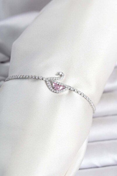 Inure Jewelry سوار نسائي من النحاس الفضي اللون مرصع بحجر الزركون موديل سوان س...