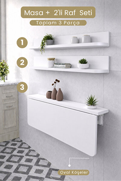 Kydonia Home Duvara Monte Katlanır Masa + 2’li Raf Seti 60 x 90 cm Oval Köşe ...