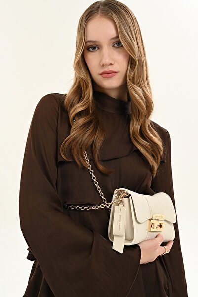 Pierre Cardin Women's White Patterned Chain Strap Lockable Shoulder Bag