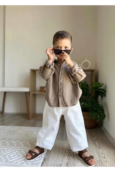 Teeny Weeny Kids Boy's Natural Linen Shirt and Elastic Pants Set