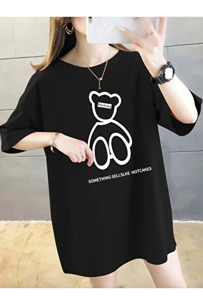 Efnaz style Printed Oversize Crew Neck T-Shirt - Black