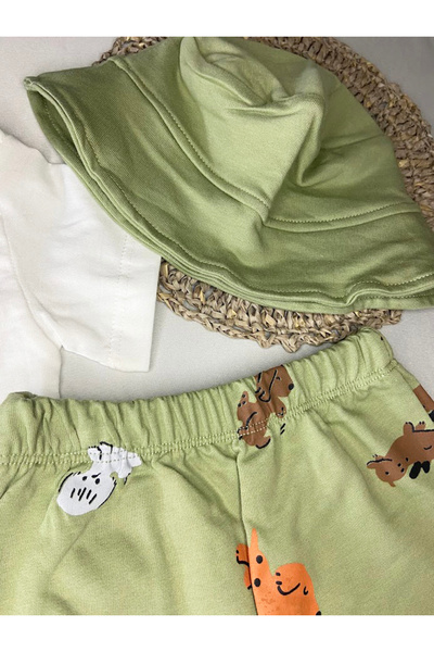 ASLİN STORE Cute Dog Print, Pocket Detail, Shorts, Safari Hat, Summer 3-Piece Baby Boy Set