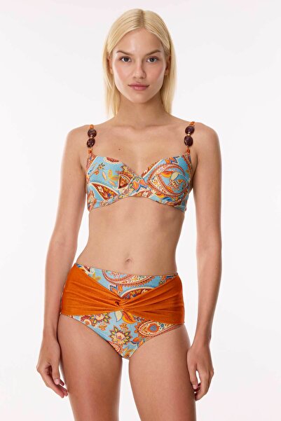 AYYILDIZ 6608 Mavi Şal Desenli Yüksek Bel Bikini Takımı