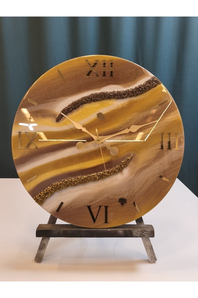 Sarı Krizantem Kırık Granüllü Epoksi Duvar Saati 60 cm