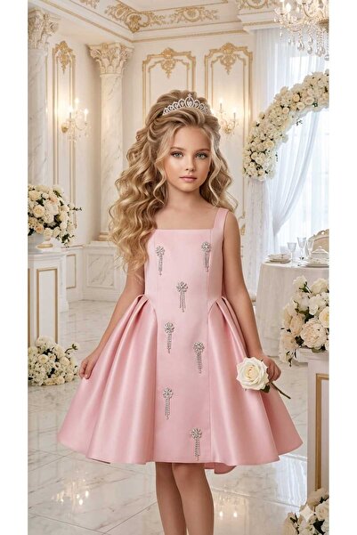Uğurböceği Girl's Strap Dress with Stone Decorations for Special Occasions, P...