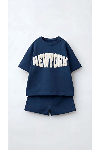 Magu Erkek Çocuk Pamuklu Mavi New York Yazı Aplikeli T-shirt Şort Takım