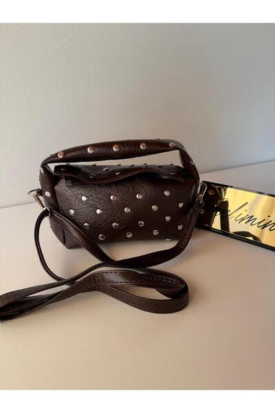 emelimin Women's Brown Studded Handbag Trok Detailed Baguette Shoulder Bag So...