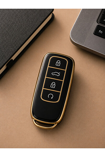 Chery Tiggo 8 Smart 4 Butonlu Anahtar Kumanda Kılıfı Silikon Nano Koruma – Siyah (Altın Detay)