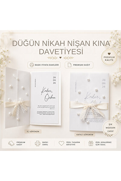 riva studio 50 Adet Baskı Dahil Şeffaf Zarflı Lüks Davetiye | İnci Dantel Sat...