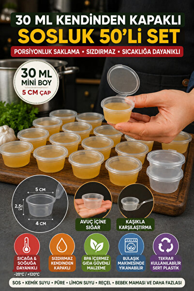 OpenCity 30 Ml Kendinden Kapaklı Şeffaf Sosluk 50’li Set Sızdırmaz Mini Sakla...