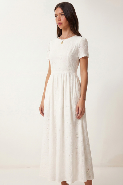 Lovelyİstanbul Fisto Embroidered Summer Long Dress Lby0058 White