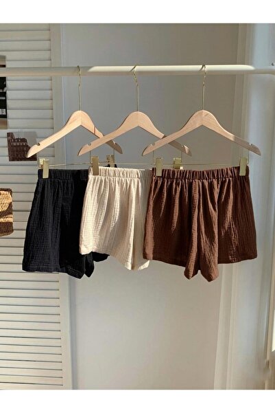 MORNİNG KİDS Girl's 3-Pack 100% Cotton Muslin Fabric Shorts (Beige-Brown-Black)