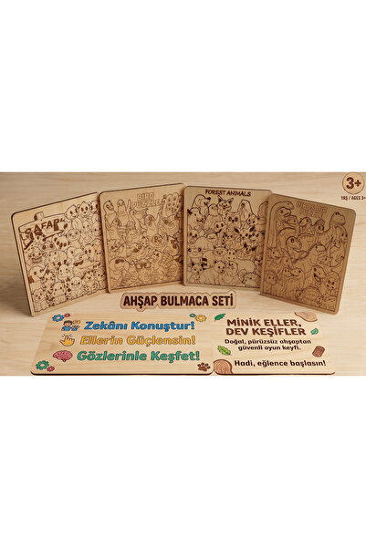 BTNES Doğal Ahşap Eğitici Bulmaca Seti Ahşap Hayvan Figürlü Puzzle Çocuklar İ...