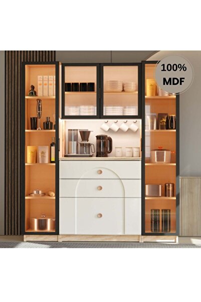 comiet Papatya Mdf Kahve Köşesi Dolabı 4 kapak Çekmeceli Işıklı