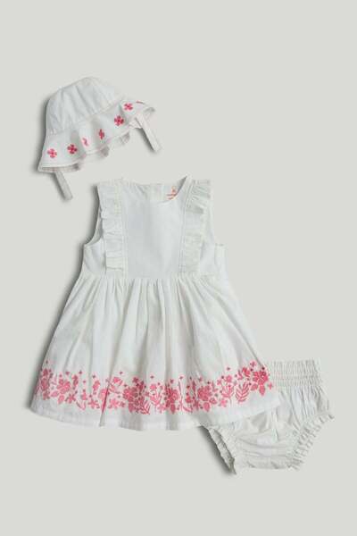 MOTHERCARE فستان أبيض وسروال داخلي وطقم قبعة
