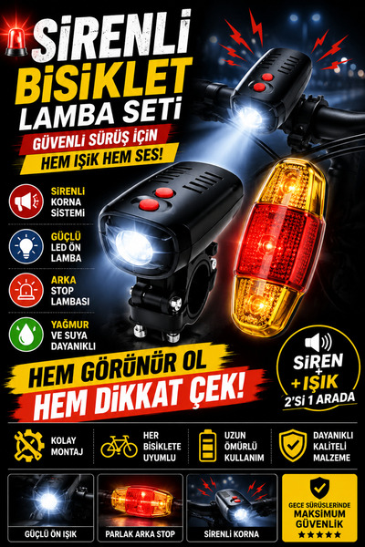 Primeaks Sirenli Bisiklet Lamba Seti Ön Far + Arka Stop Lambası Korna Özellik...