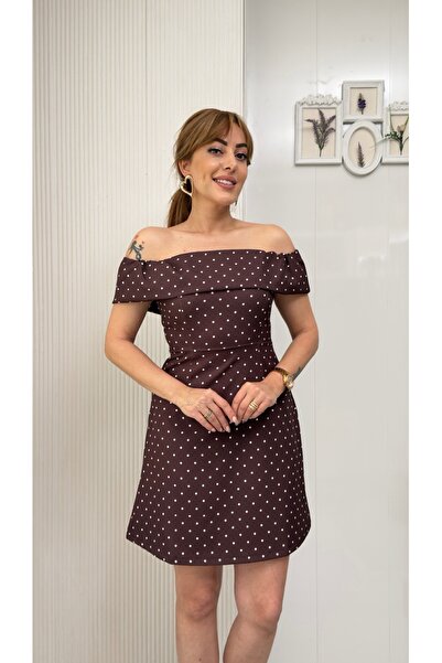 ModayButik Madonna Yaka Puantiye Detaylı Mini Elbise