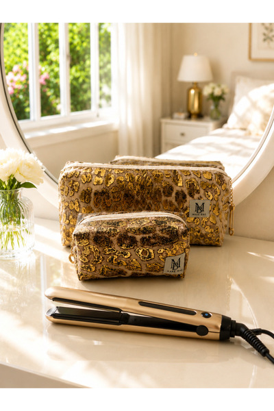MAKE BAG YENİ LEOPAR ALTIN SİMLİ 2'Lİ SET MAKYAJ ÇANTASI (ORTA-BÜYÜK BOY)