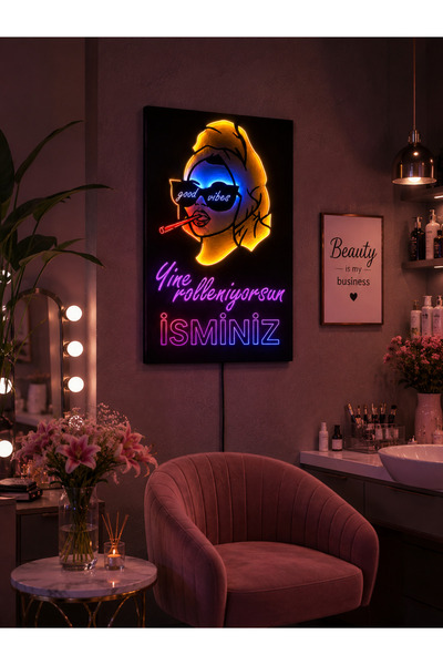 humatay Good Vibes-Yine Rolleniyorsun Yazılı Led Işıklı Ahşap Tablo Kişiye Öz...
