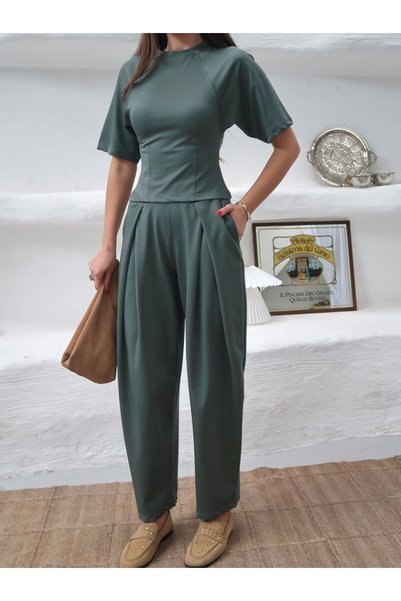 Tumtum Wear Smoked Green Waist-Slit Top and Bottom Set