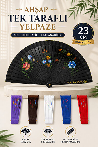 Tamsena Store 23 Cm Ahşap Tek Taraflı Yelpaze Katlanabilir Şık Desenli Dekora...