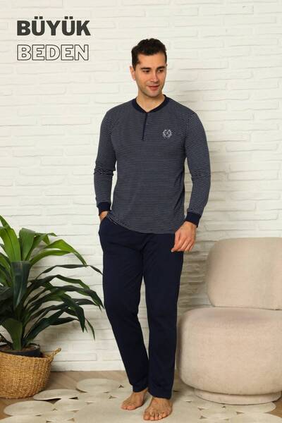 ALİMER Big Size Men's Pajama Set - Navy Blue Long Sleeve Combed Cotton 1219Uyb