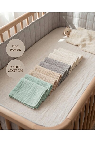 WELY HOME BABY TEKSTİL %100 Pamuk Müslin Bebek Ağız Mendili Seti (9 Adet) – E...