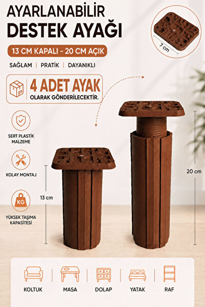 Badem10 KARE BAŞLI Kahve Uzayabilir Sert Plastik Destek Ayağı 13x20 Cm 4 Adet...